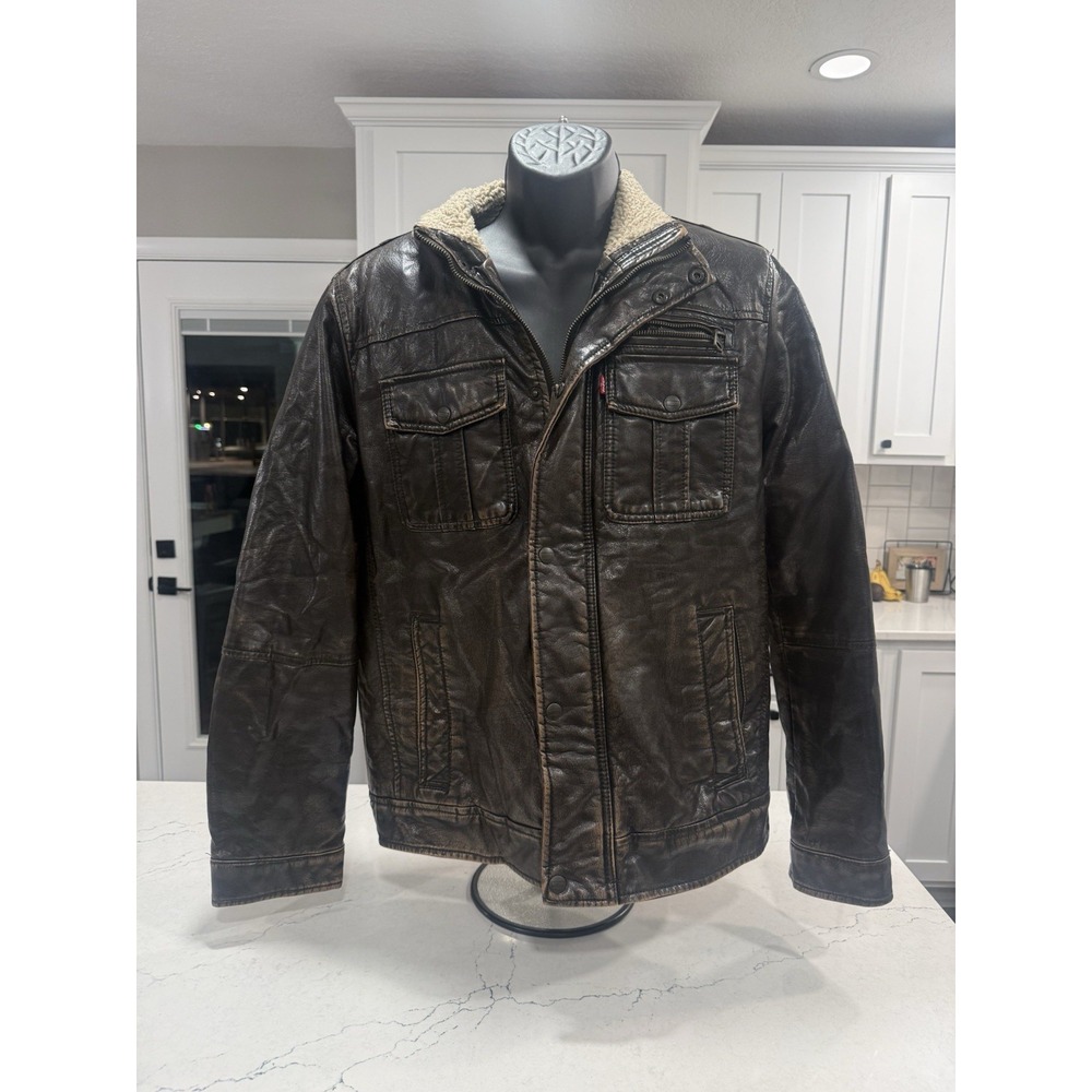 Levi's Men's Brown Faux Leather Sherpa Lined Brown Distressed Jacket Size Small